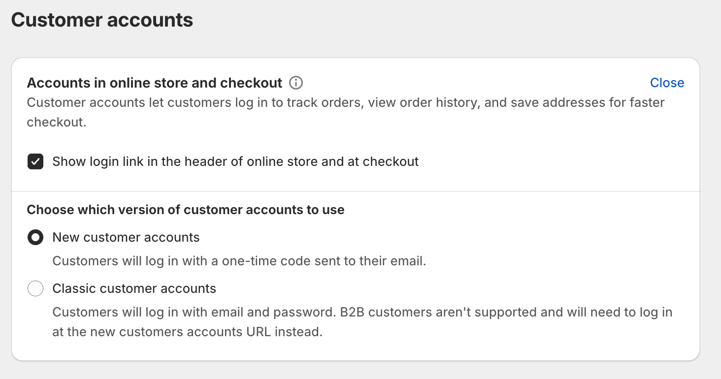 A image of Customer account settings and the new customer accounts experience selected