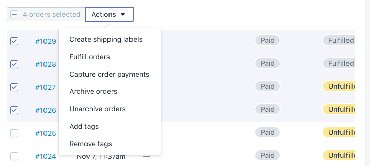 Example of a bulk action link in the Shopify admin