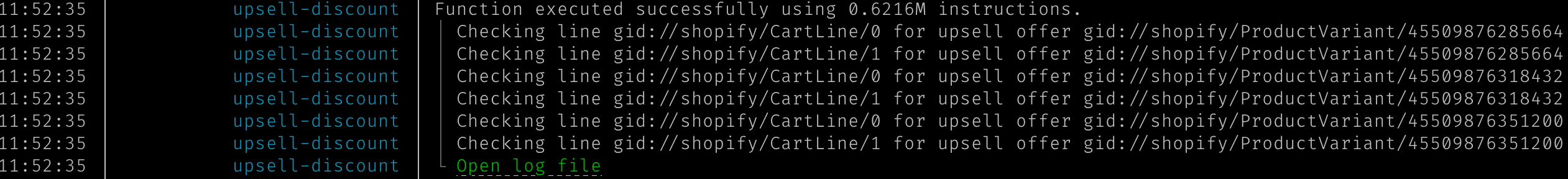 An example of Shopify Function output in Shopify CLI with STDERR logging