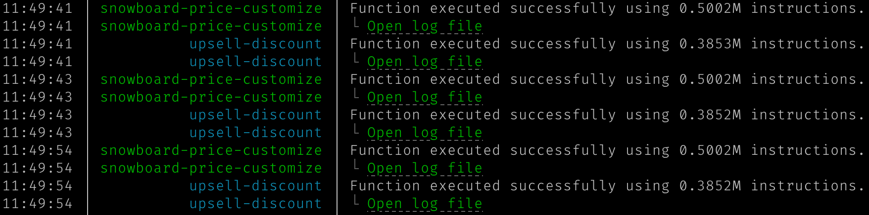 An example of Shopify Function output in Shopify CLI with executions from two functions