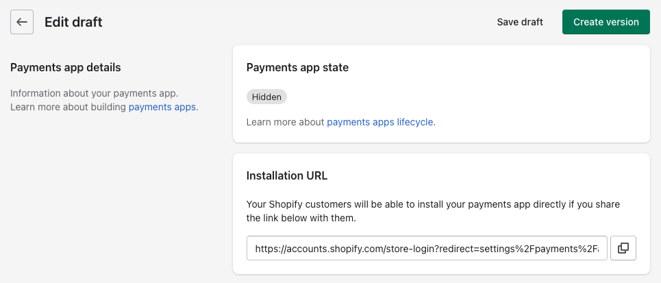 Screen showing the payments app installation URL