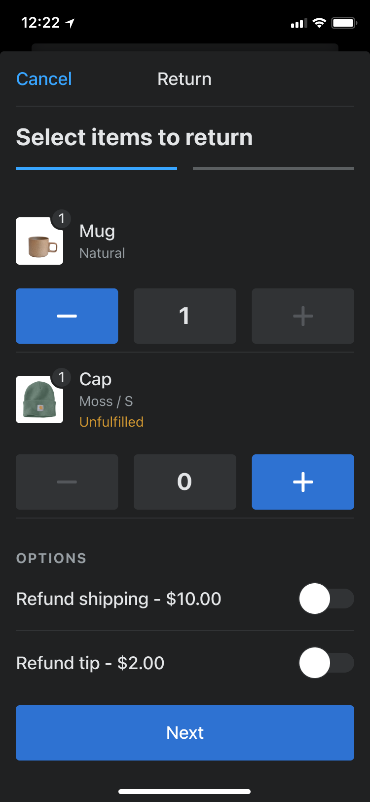 A screen prompts a user to select items to return and press a next button