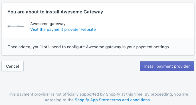 Install page for the payment gateway integration