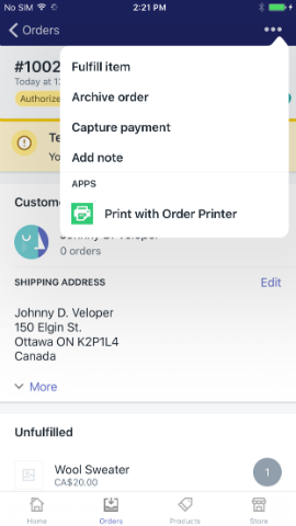 Mobile order overview page, with app link