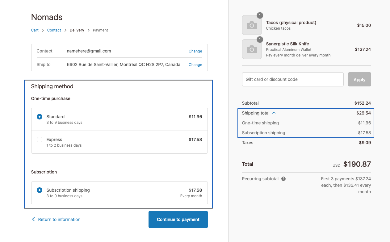 One-time and subscriptions shipping screenshot