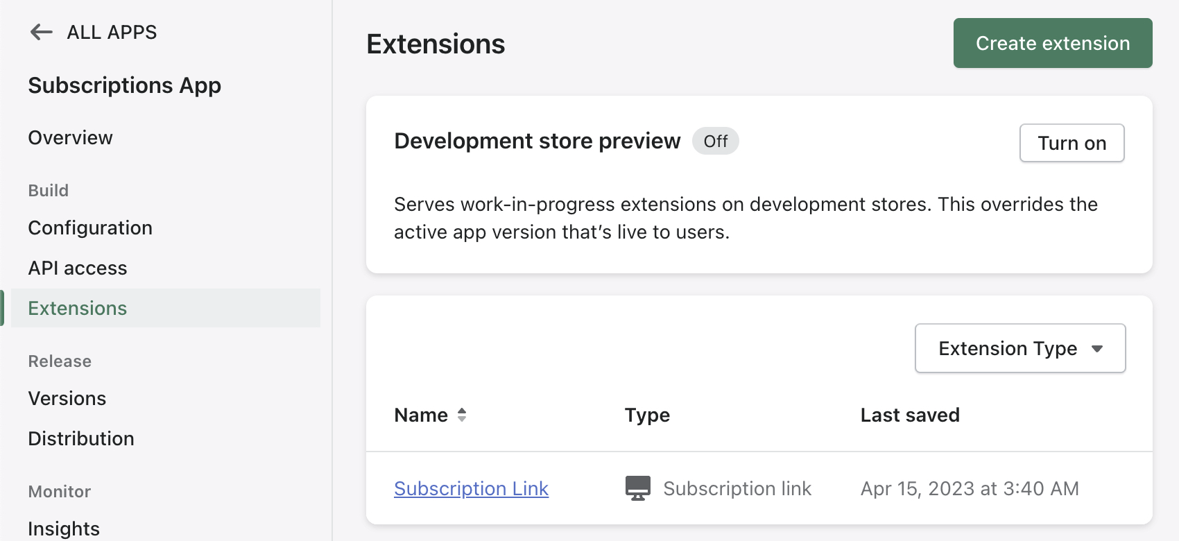 Subscription link app extension in Partner Dashboard