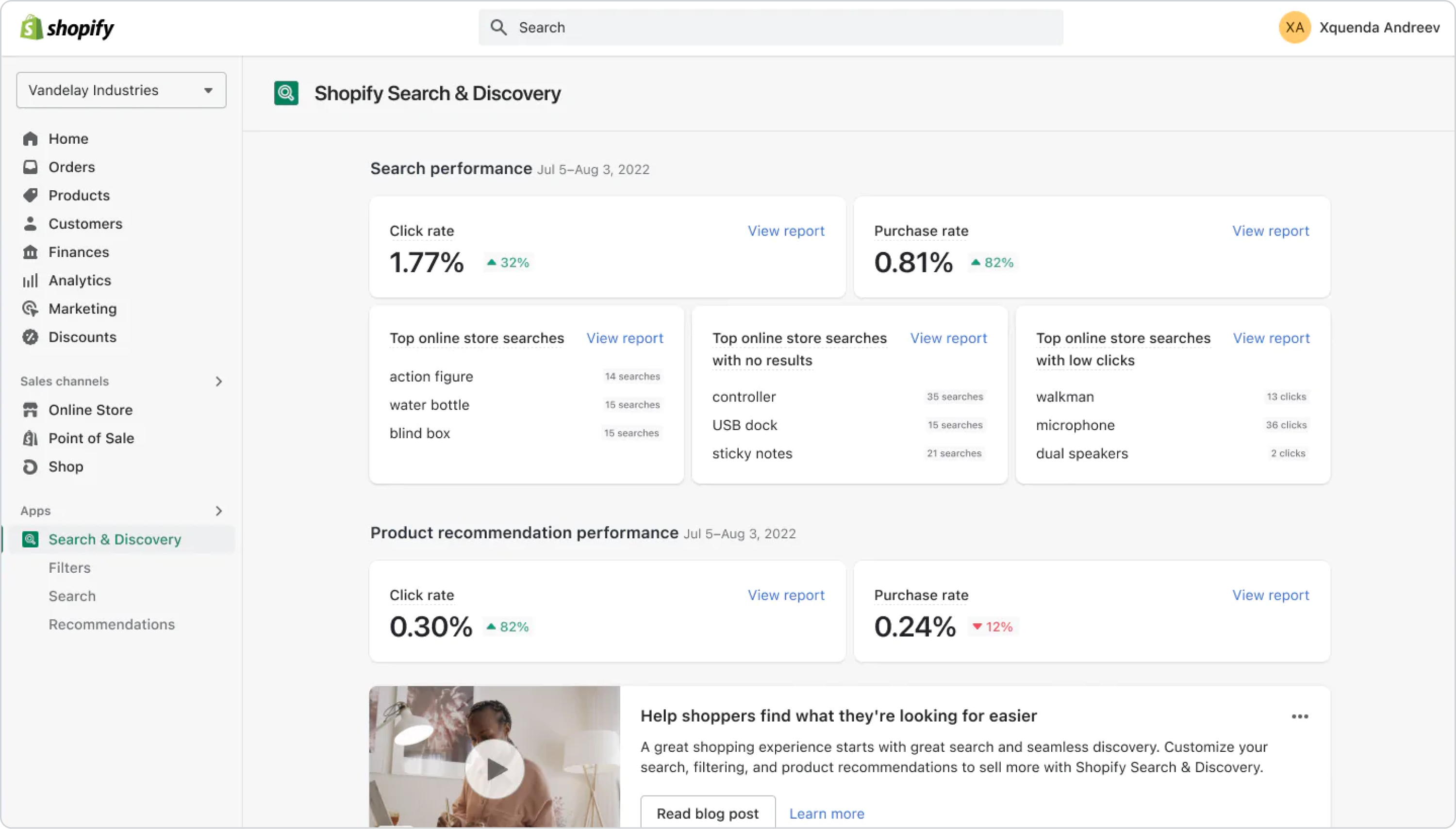 Screenshot of key metrics on the home page of the Shopify Search & Discovery app.