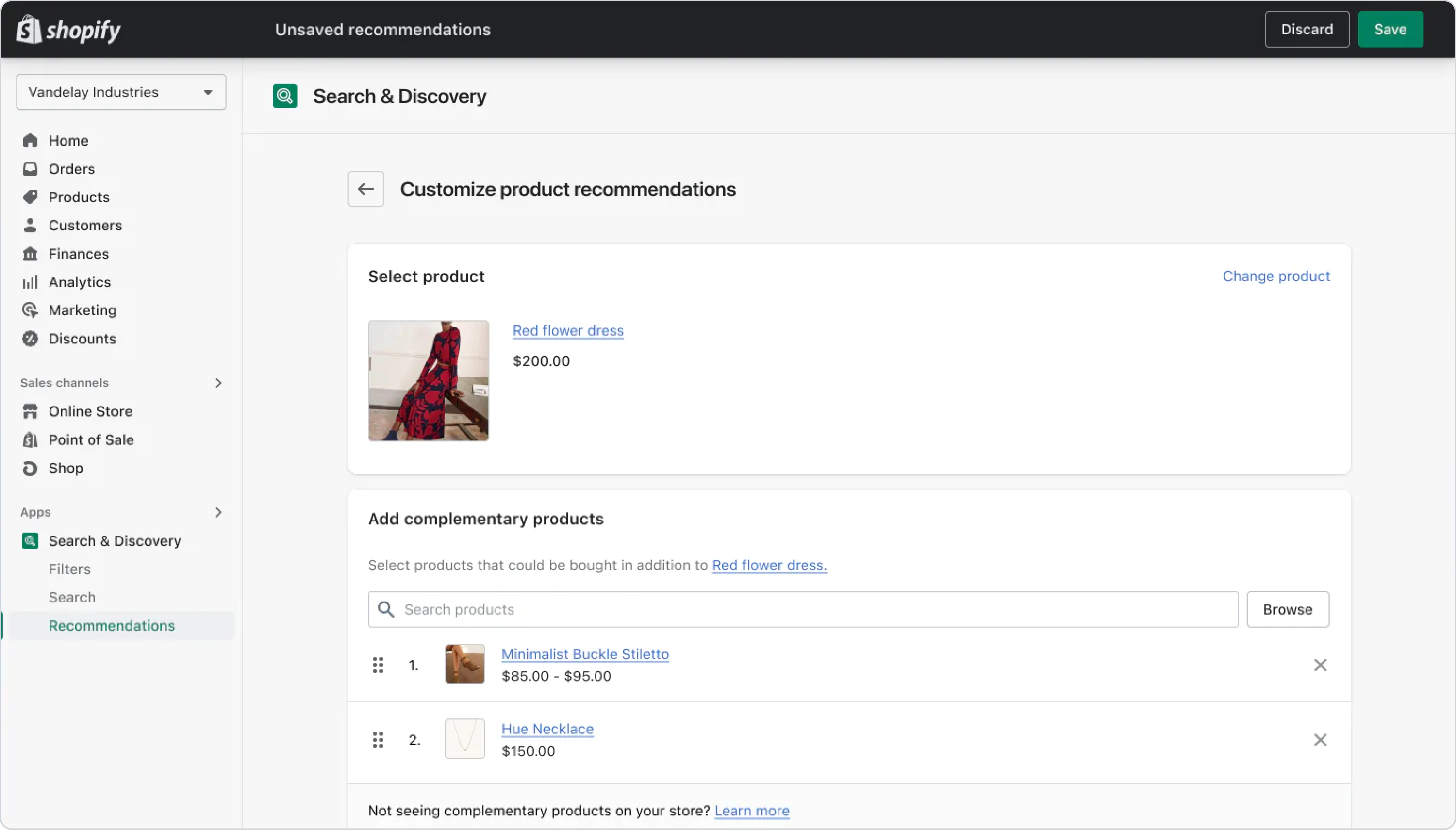 Screenshot of the recommendations workflow in Shopify Search & Discovery.