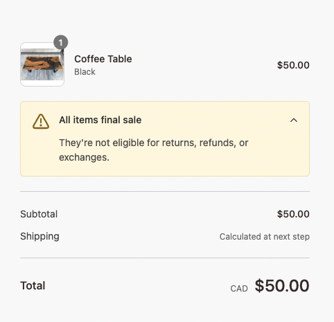 The custom banner in checkout, indicating that items are final sale and can't be returned or exchanged
