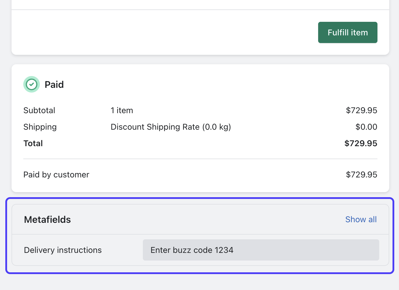 The metafield in the Shopify admin. The UI says 'UI extension order note', and includes the note that the customer added to provide delivery instructions. The note says 'Enter buzz code 1234'