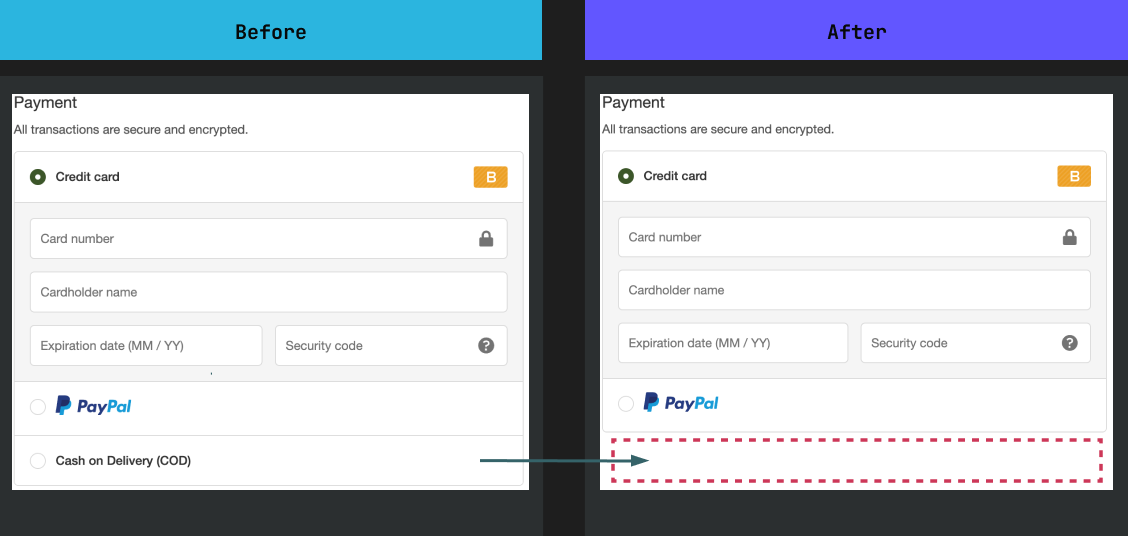 Screenshot that shows a hidden payment method