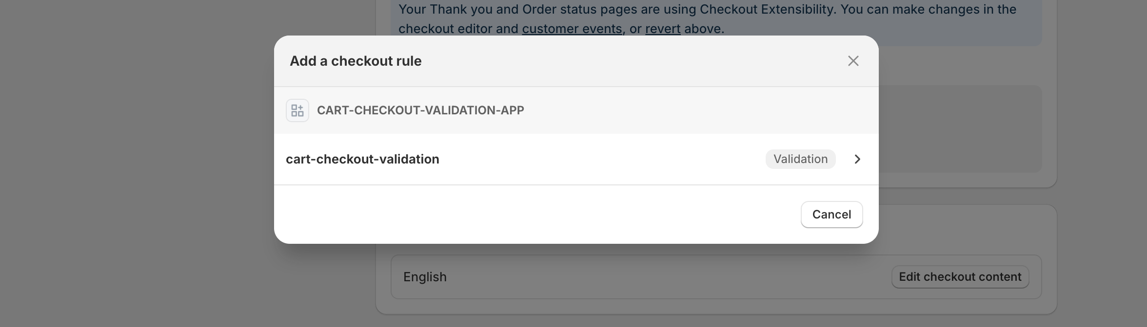 Adding a checkout rule via the Checkout settings page in the Shopify admin