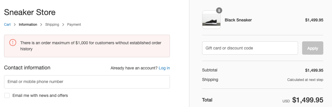 Screenshot that shows a checkout validation error