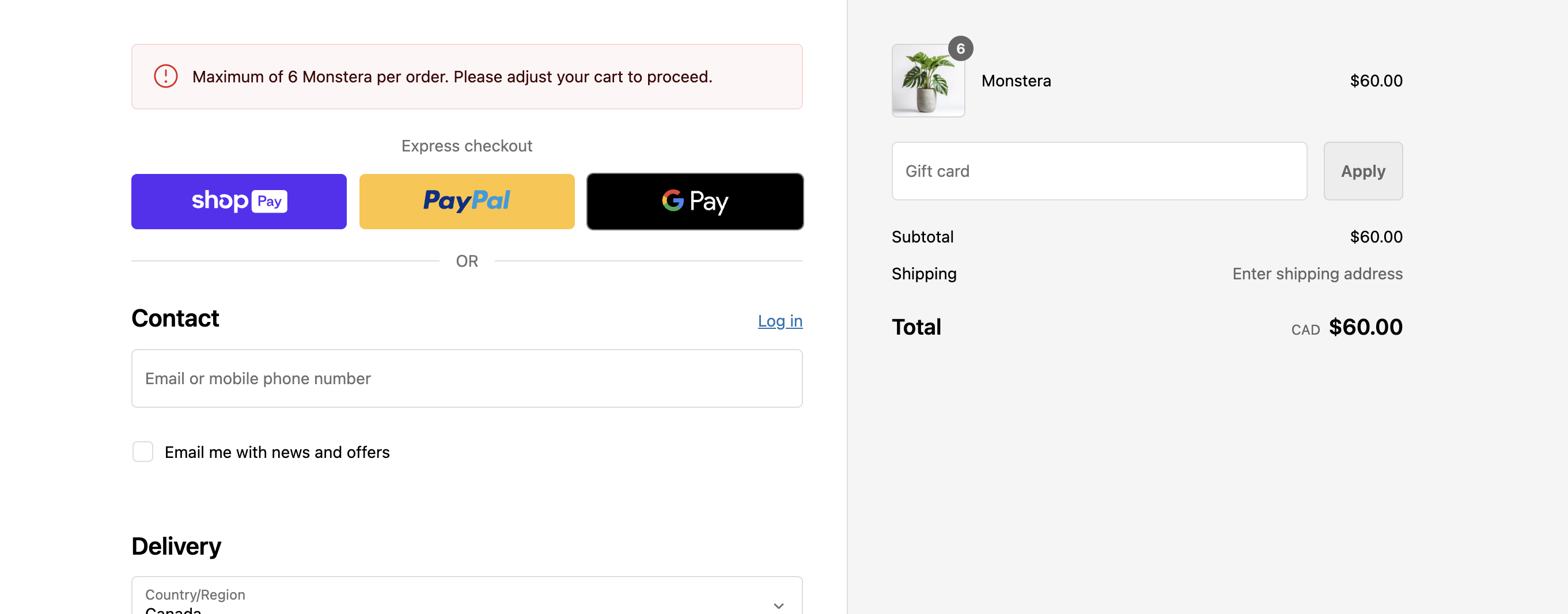 A checkout with an error about a product quantity that is too high