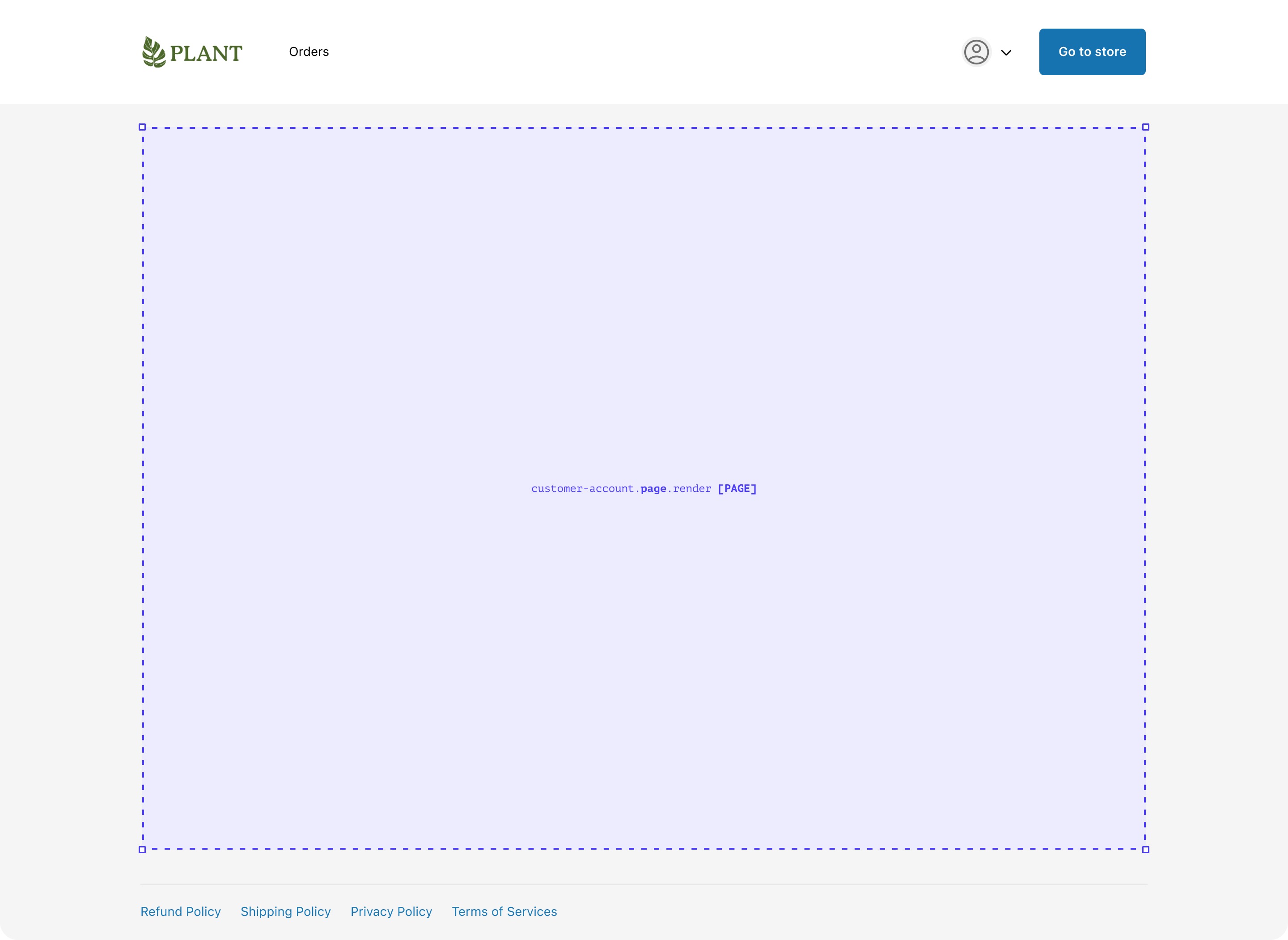 A desktop view of the header and footer of customer accounts. The entire main content area between the header and footer is occupied by a large blue dotted-line box that says Full-page extension, indicating that this area can be populated by a full-page customer account UI extension.