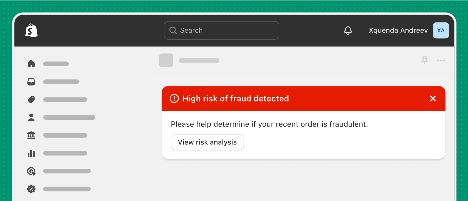 An error banner that reads ‘High risk of fraud detected’ with a ‘View risk analysis’ button, styled in red.