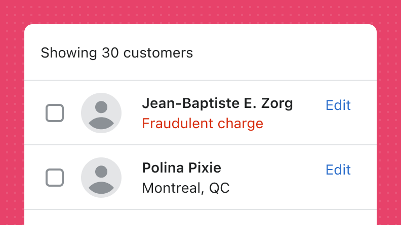 A list of customers with one of them having a warning that reads 'Fraudulent charge' in red, with no icon, under the customer's name.