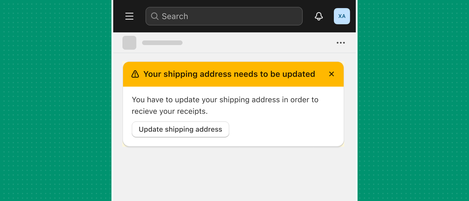 A warning banner that reads 'Your shipping address needs to be updated' with an 'Update shipping address' button, styled in yellow.