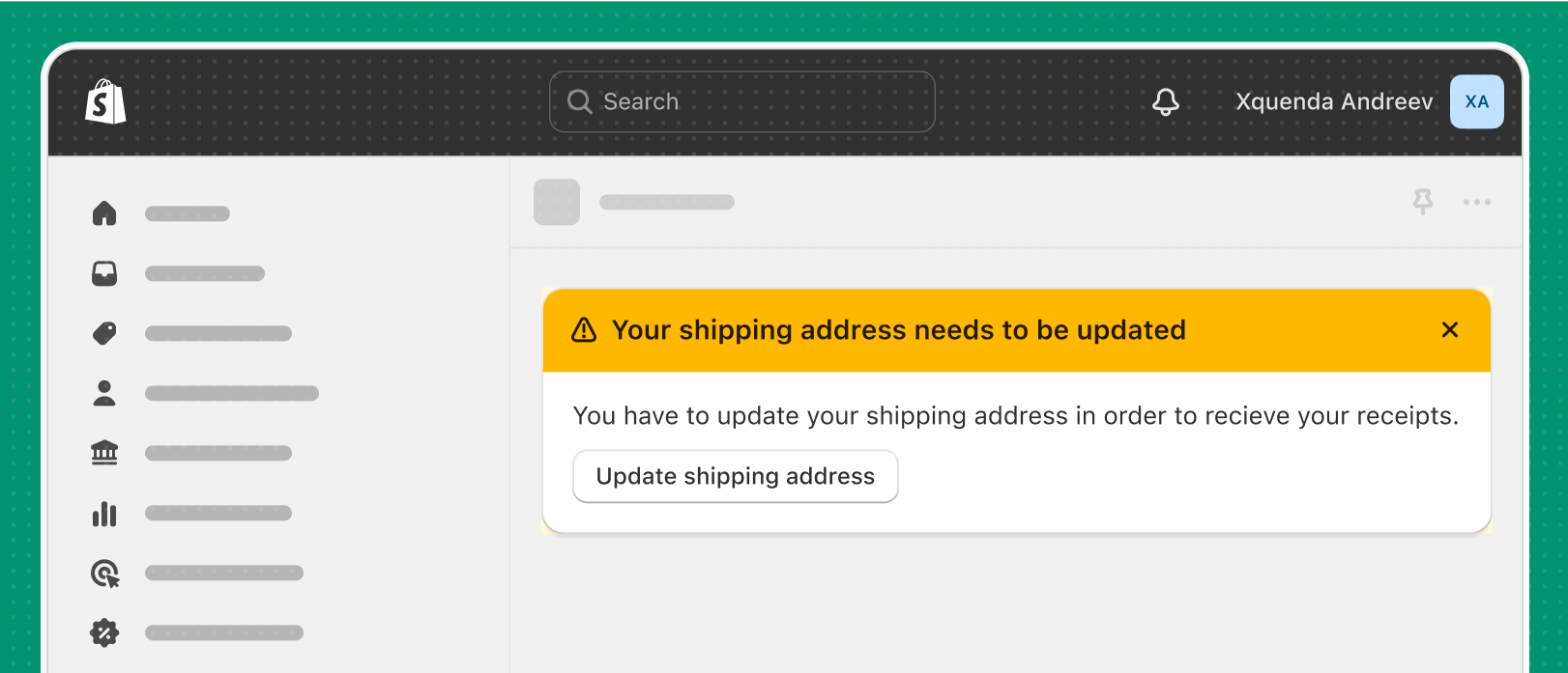 A warning banner that reads 'Your shipping address needs to be updated' with an 'Update shipping address' button, styled in yellow.