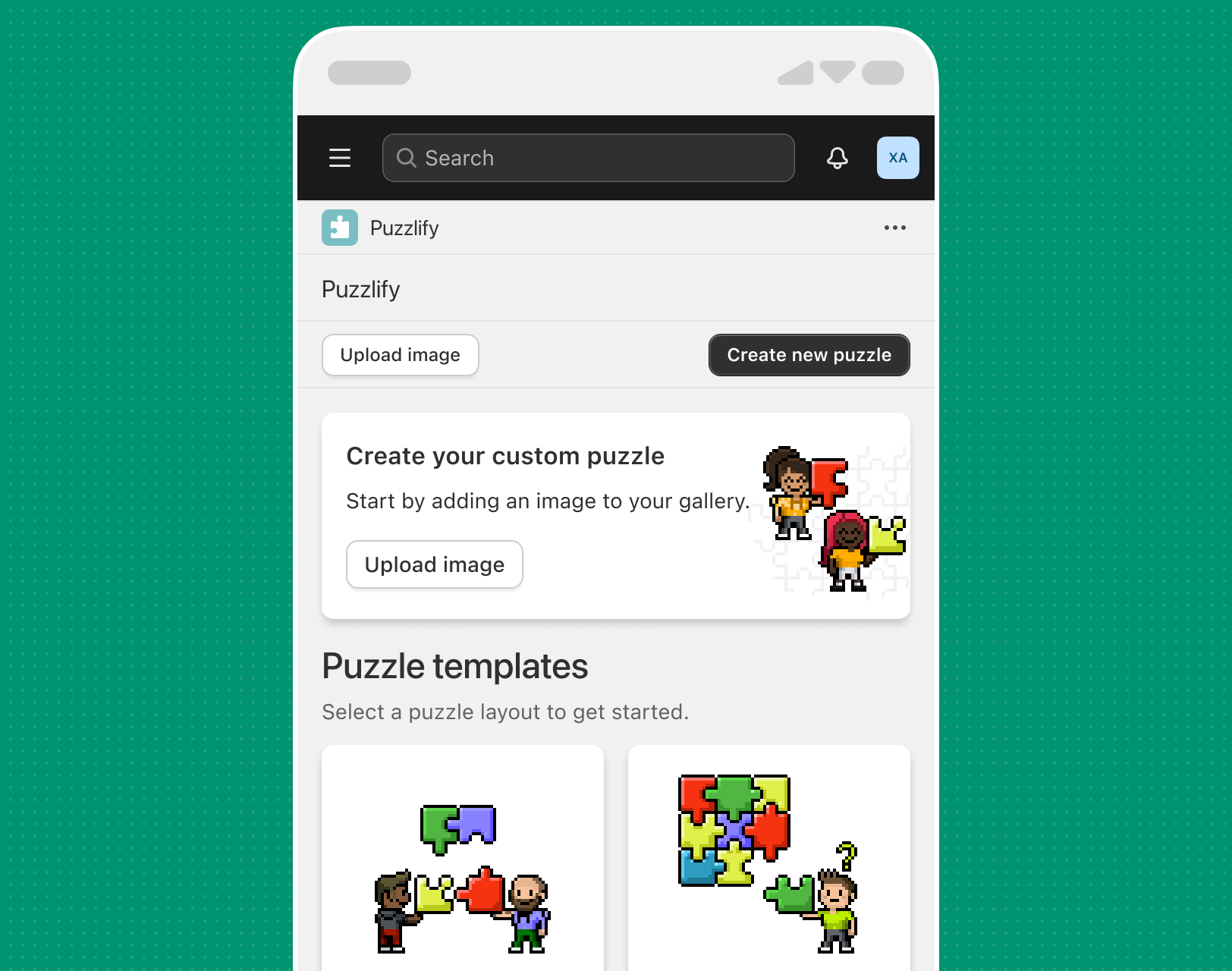 The Puzzlify app home page with different sections inviting merchants to either upload an image or start creating a puzzle.