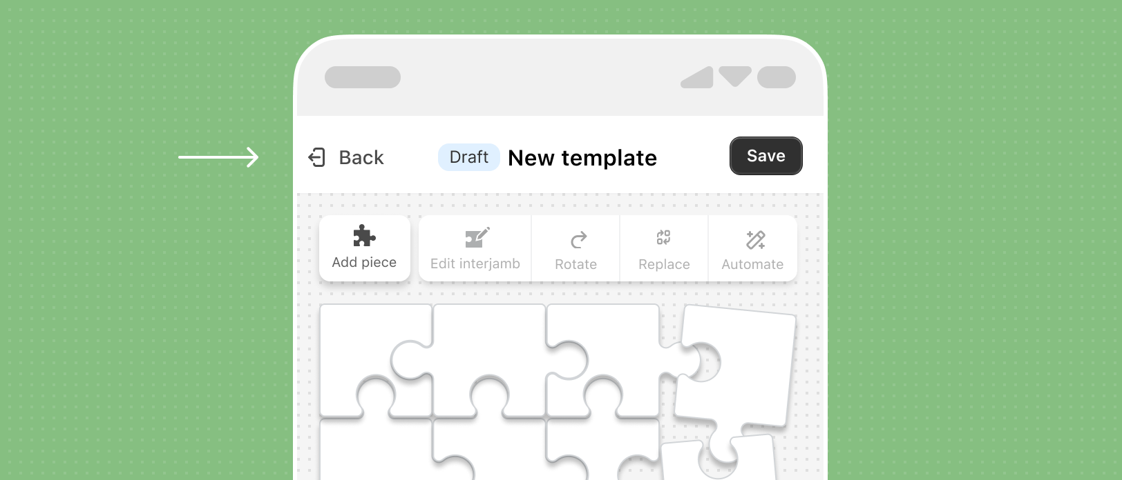 The Puzzlify template editor, a full-screen experience, with the Fullscreen bar ‘back’ button being highlighted.
