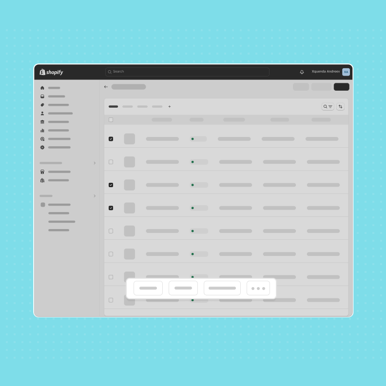 A wireframe of a listing page with a floating "More actions" menu at the bottom.
