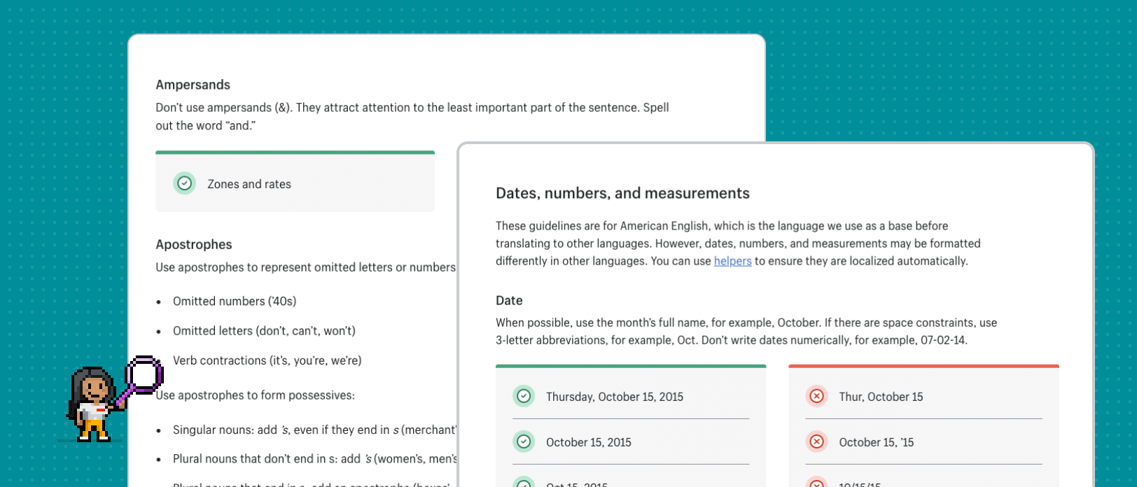 Screenshots of the Polaris grammar and mechanics page, which explain guidelines for using special characters, dates, numbers, and measurements.