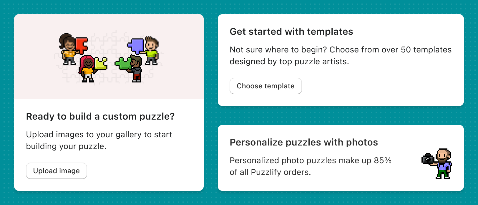 Various cards of the Puzzlify app showing different types of content