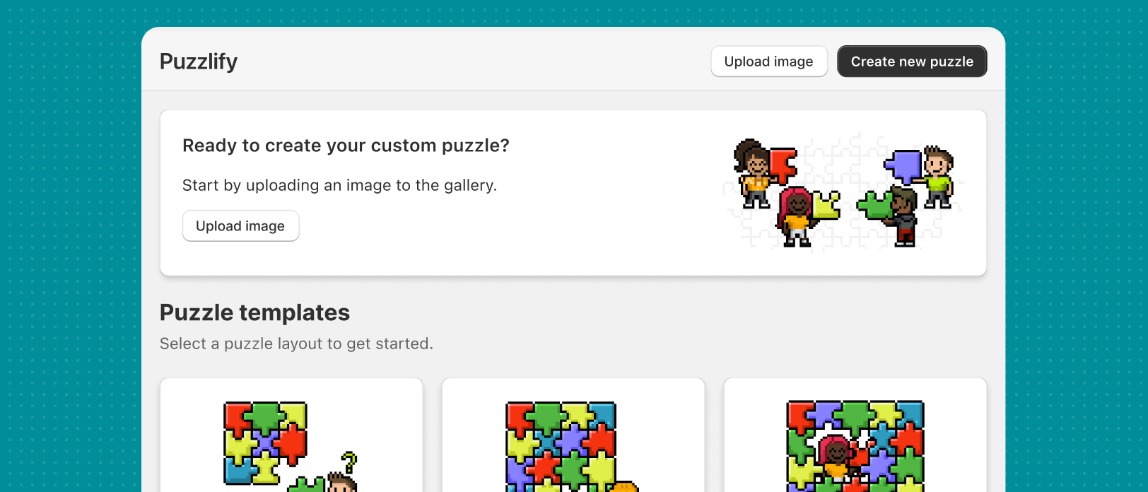 Stylized pixel art puzzles within an app interface that looks like the Shopify admin.