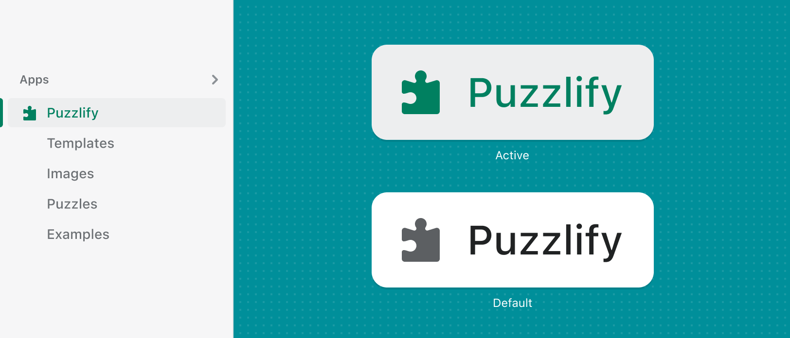 The Puzzlify app icon, in the shape of a jigsaw puzzle piece, being shown on white and gray backgrounds, in an active and default interactive state.