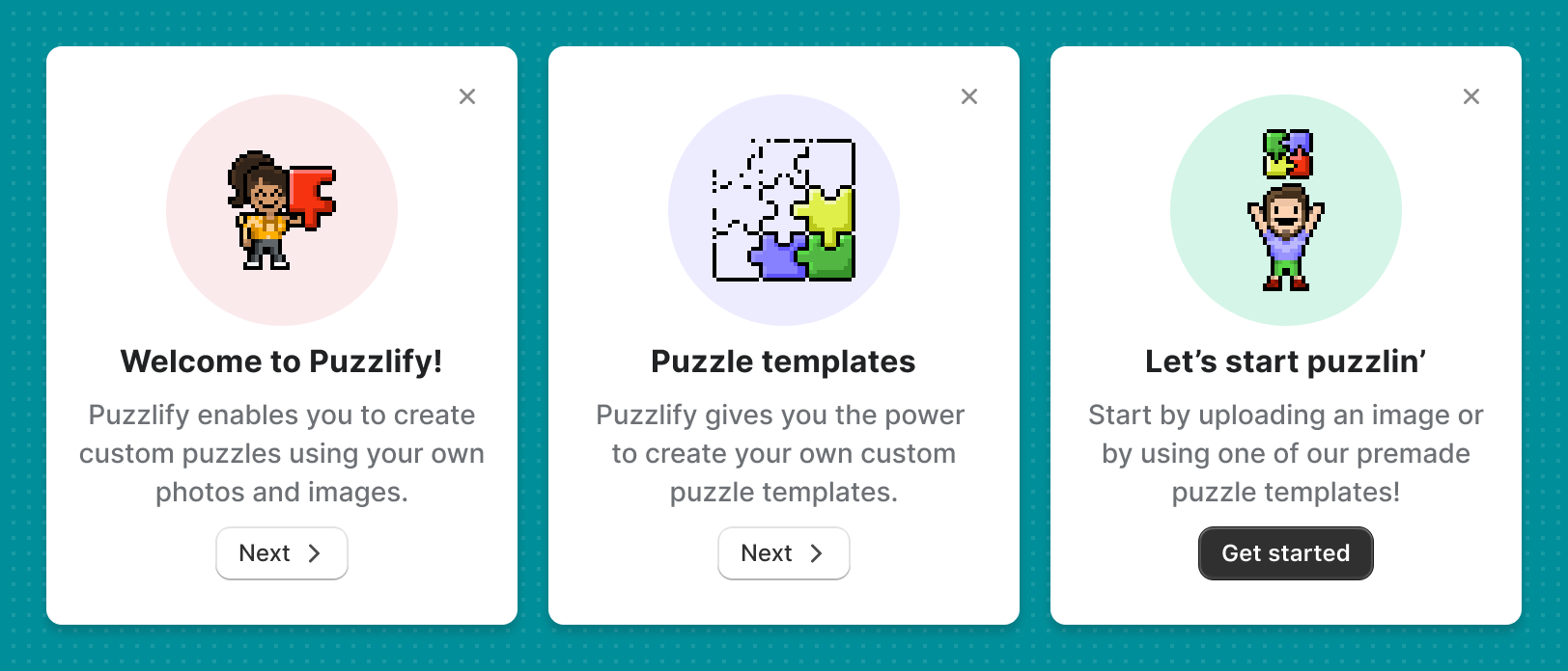 Onboarding screen welcoming merchants to the Puzzlify app, with onboarding steps presented in separate, dismissible cards. Each card has a title, body text, and a button that merchants can click to complete the onboarding step and learn about the app.