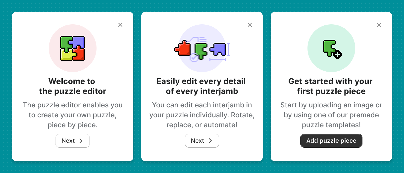 Onboarding screen welcoming merchants to the Puzzlify editor, with onboarding steps presented in separate, dismissible cards. Each card has a title, body text, and a button that merchants can click to complete the onboarding step.