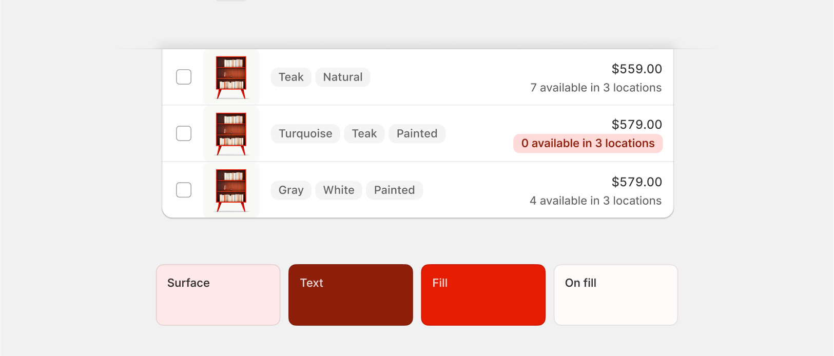 A sample table of products. One of the rows contains a red badge with the label "0 available in 3 locations".