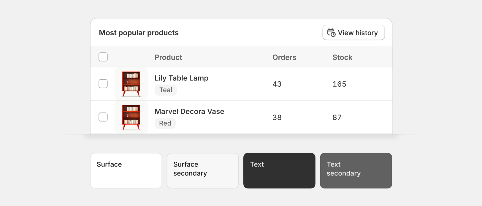 A table and several cards illustrating examples of predominantly black and dark grey text.