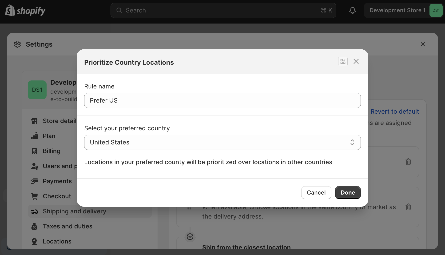 Screenshot that shows the merchant UI for configuring the location rule function