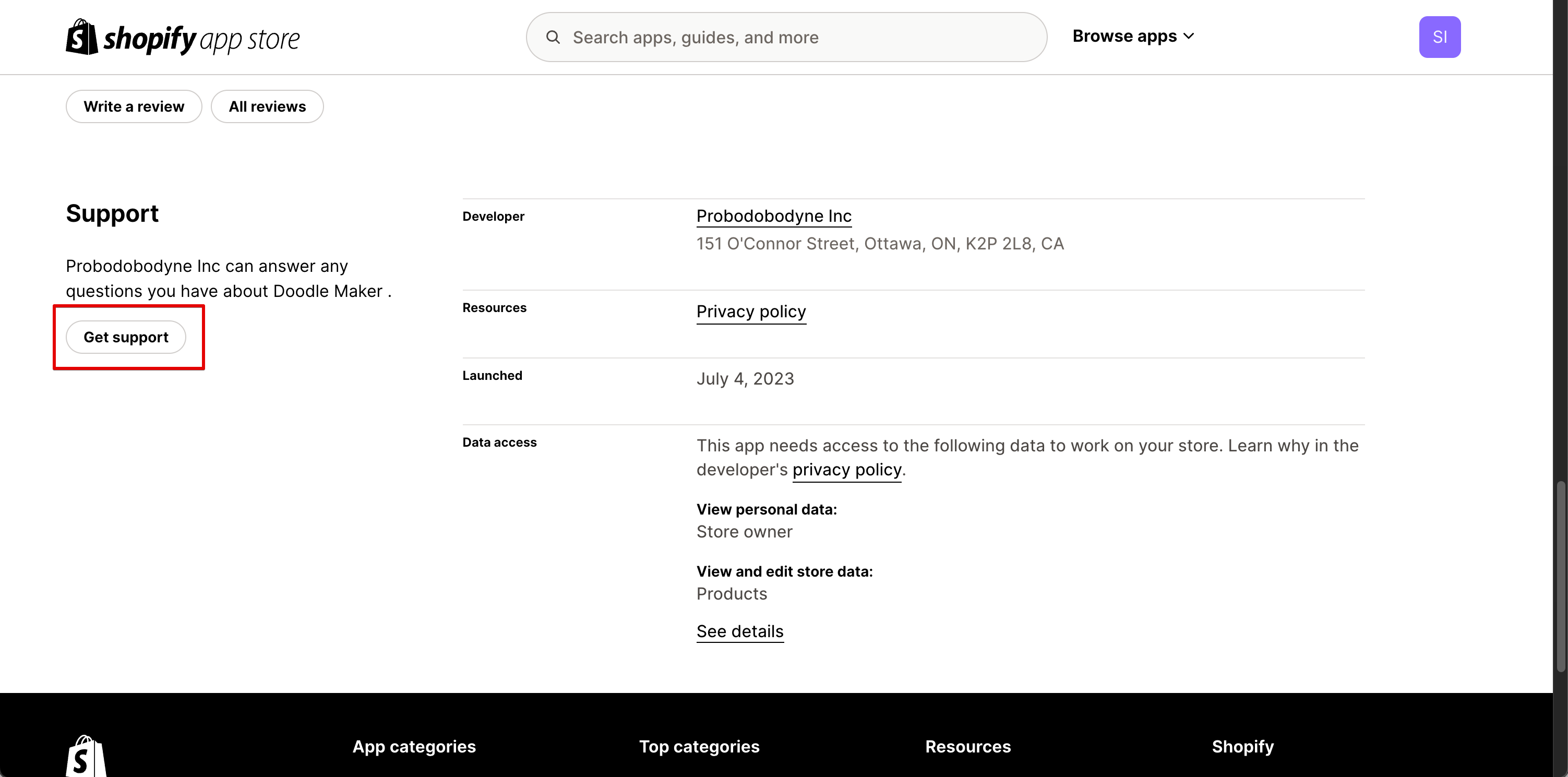 “Get support” link in the Shopify App Store