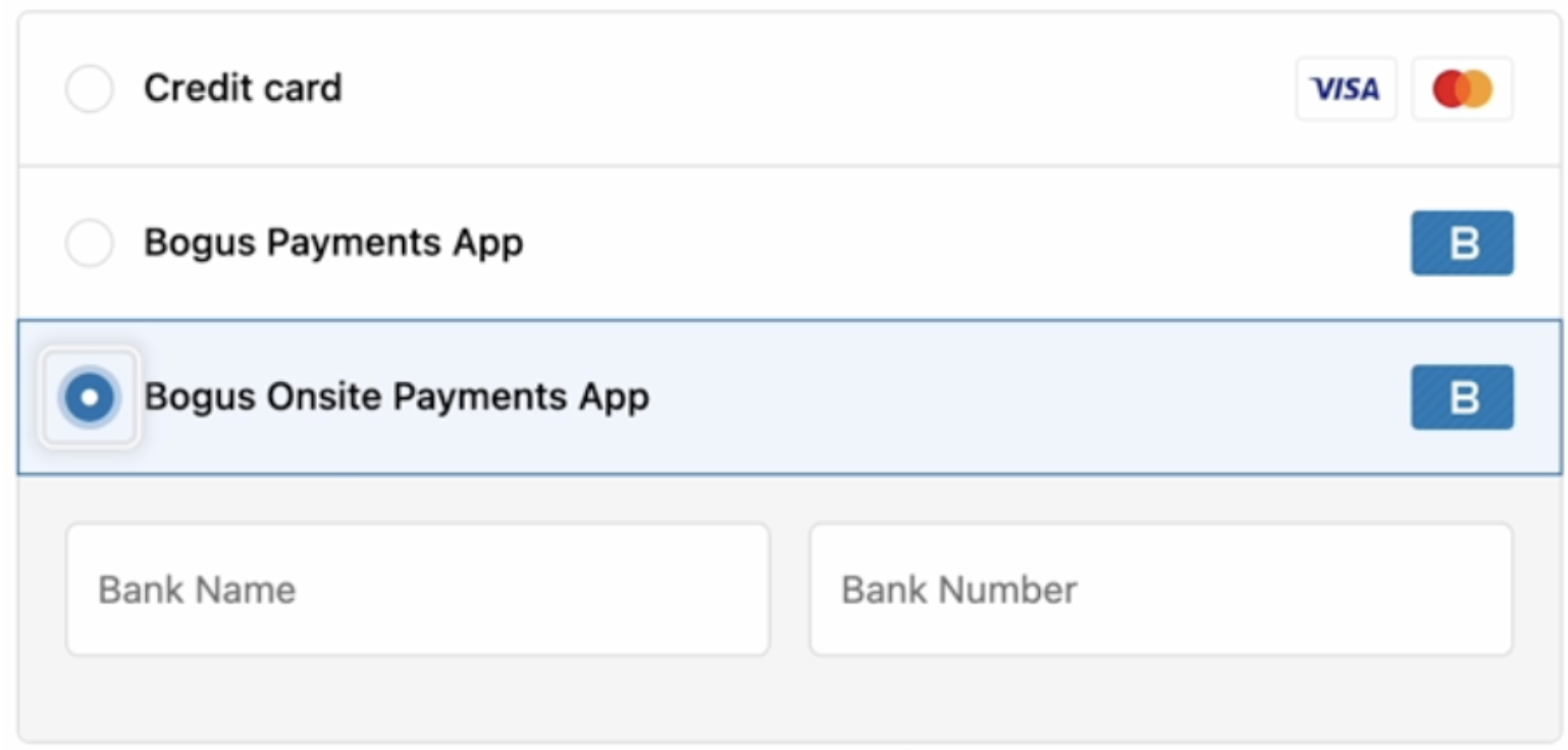 The checkout view of a custom payment method payments app