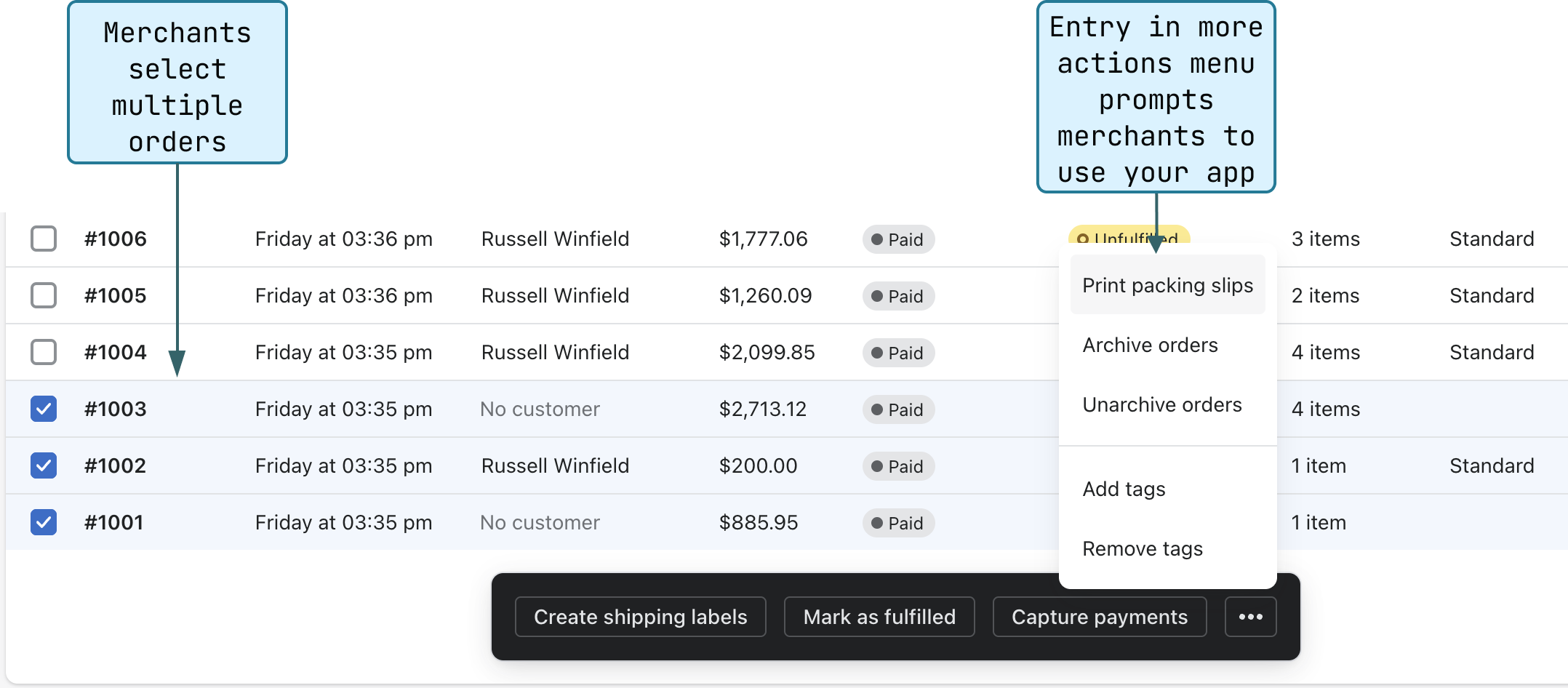 A diagram that shows the order list page in the Shopify admin. The screenshot highlights a bulk action link that is rendered by an app extension. Multiple orders are selected, and the drop-down list where the bulk action link lives is shown