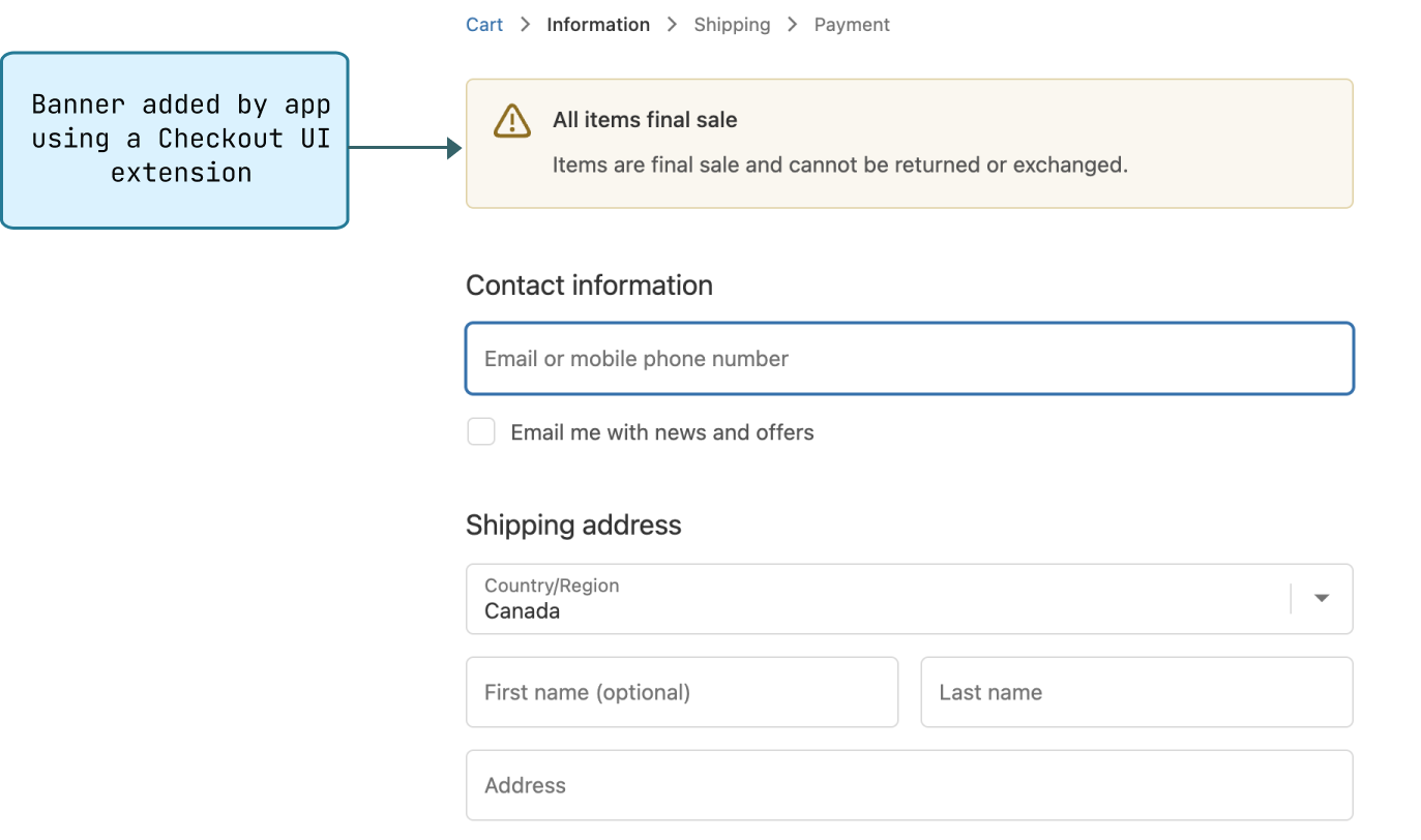 A screenshot of the checkout page in the Shopify admin. An info banner is shown on the order summary page. The screenshot highlights a banner that was added by an app using a checkout ui extension.