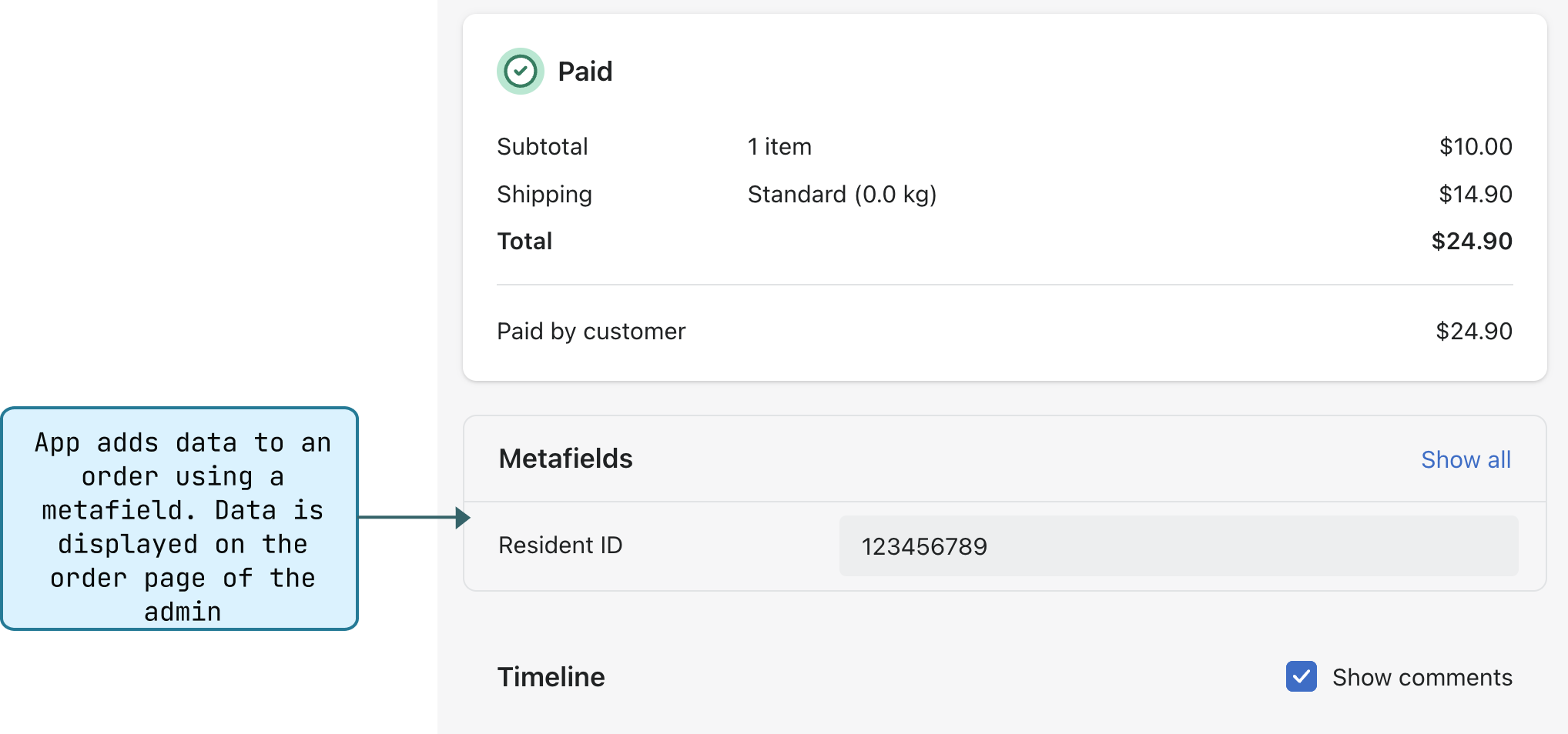 A screenshot of the orders page in the Shopify admin. There is a pinned metafield definition that is visible to merchants. The screenshot is annotated to explain that an app added the metafield to the order.