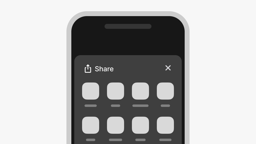 A simplified drawing of a smartphone. on the phone's screen is a graphic of an ios share sheet.