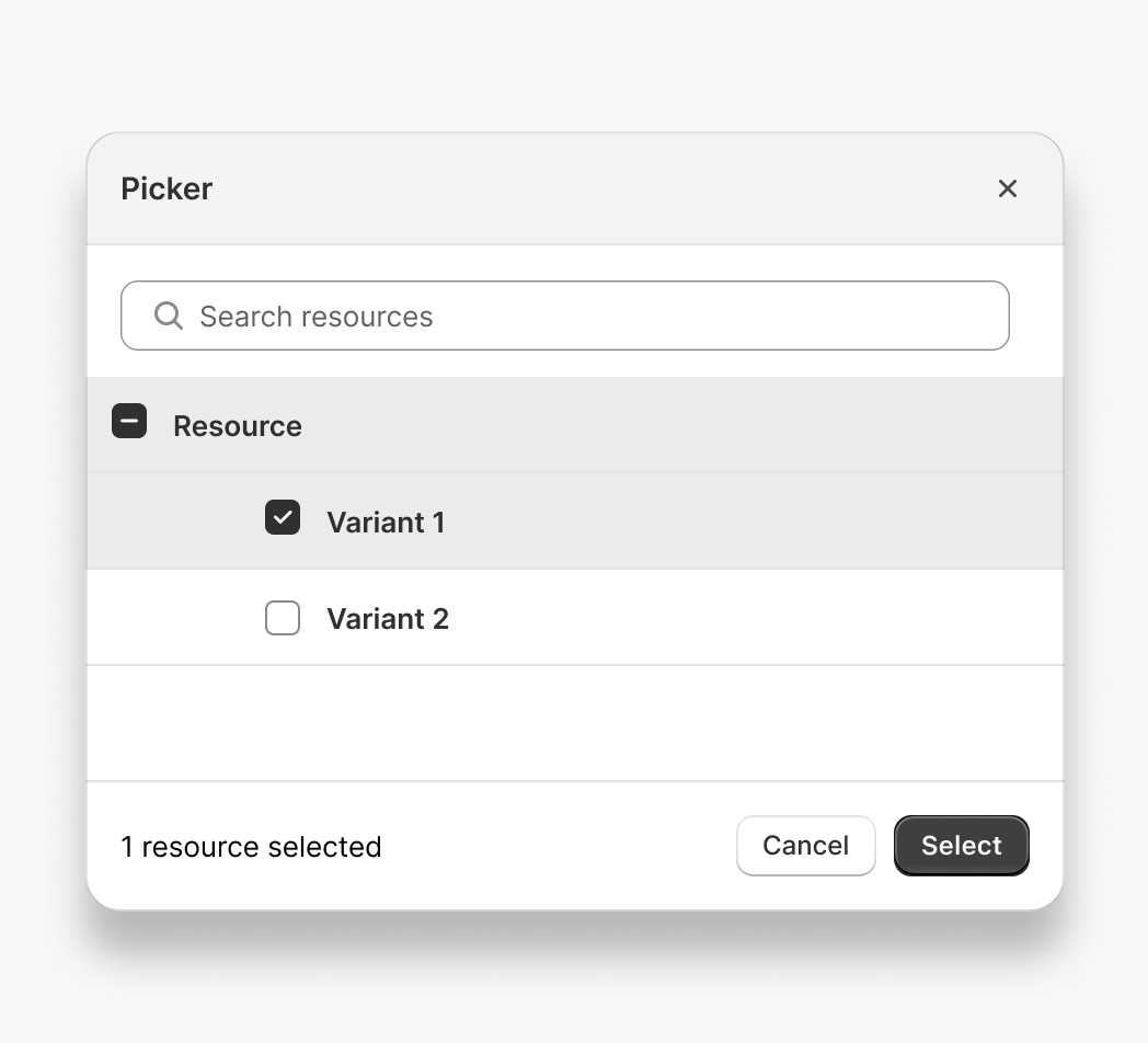 A close-up image of a picker. The picker displays the title: Picker and a search input field with the label: Search resources. Below the search interface are rows of placeholder resources. Resource 1 and variant 1 are both selected. The picker features two buttons: a white button with the label Cancel, and a green button with the label Select.