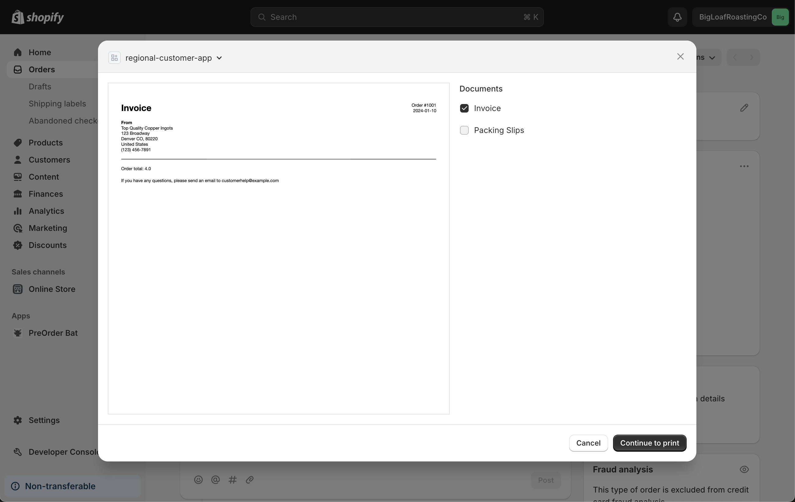 A UI extension for a print action, as displayed in Shopify admin