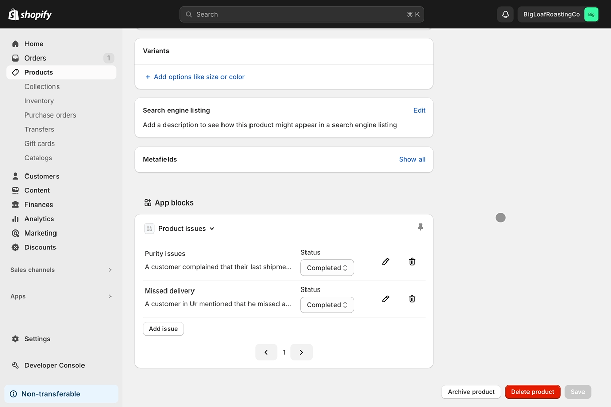 A buyer clicking the edit button on an issue in the admin block UI extension, editing it, and saving it. The edited data appears on the block.