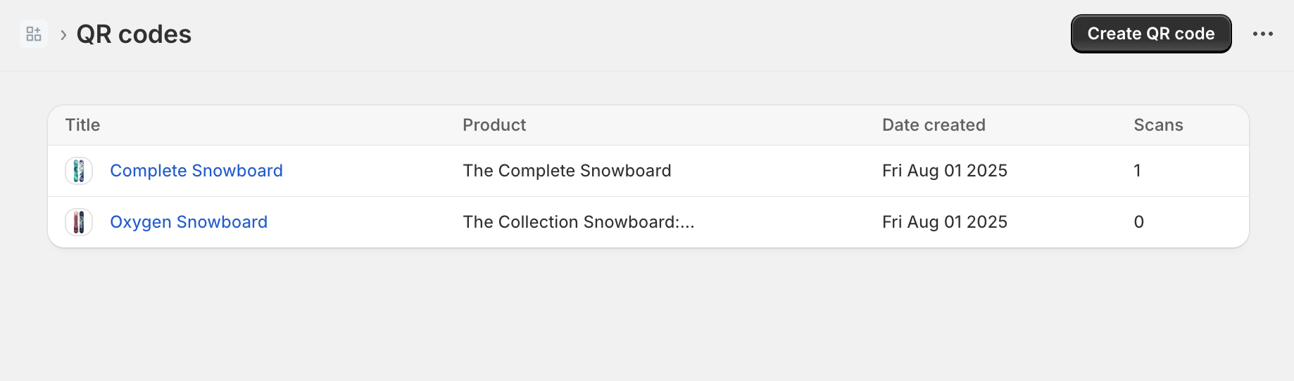 Screenshot showing the QR code list