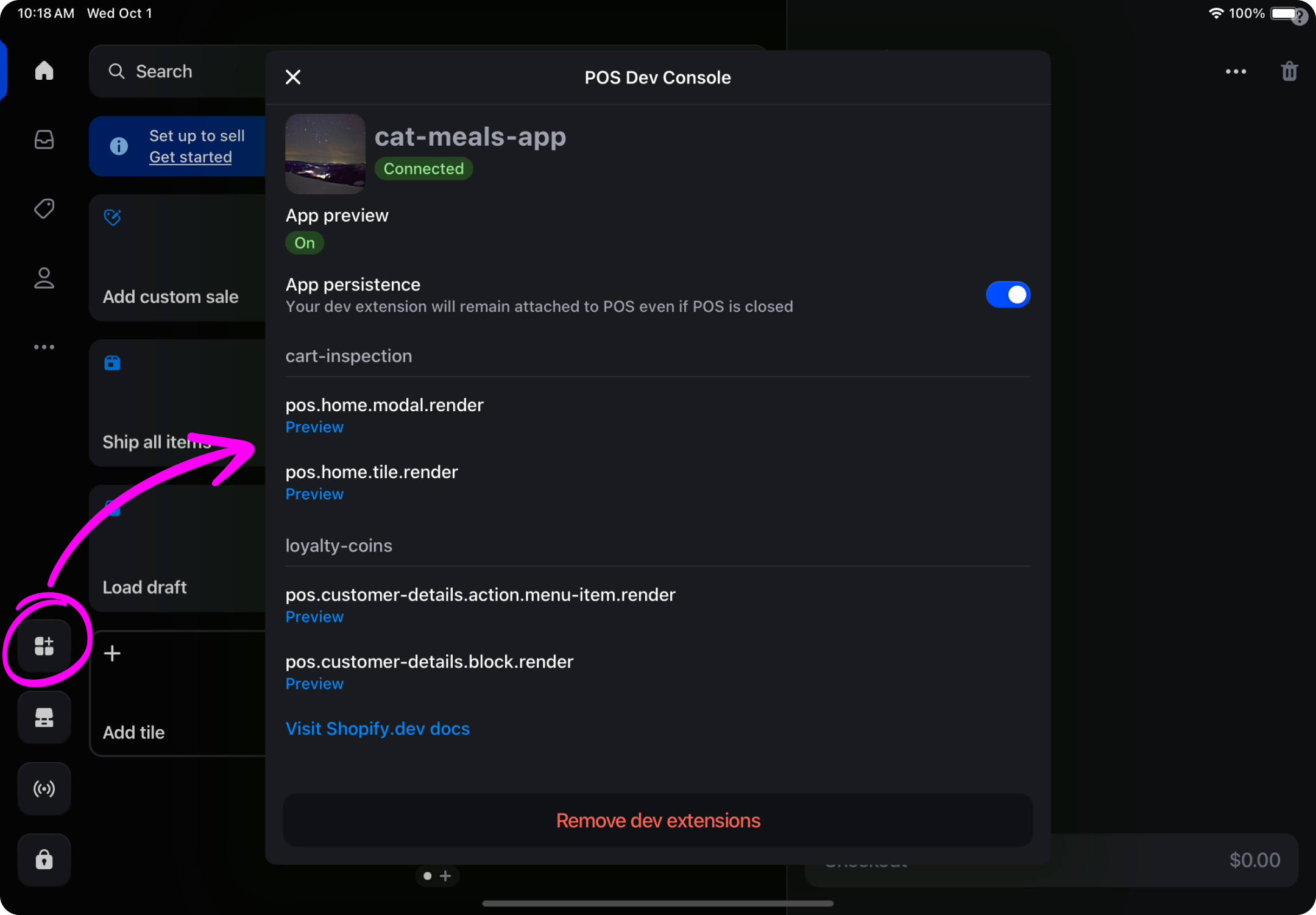 POS Dev Console and its location in the sidebar