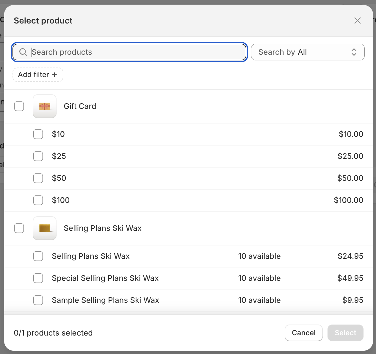 Screenshot showing a App Bridge modal for selecting products