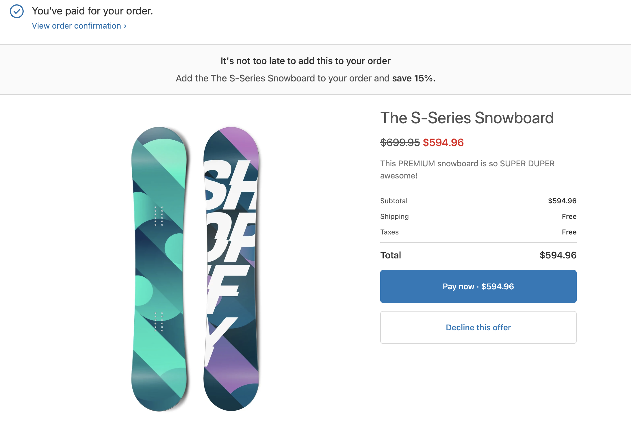 The post purchase page displaying a snowboard offer for a 15 percent discount