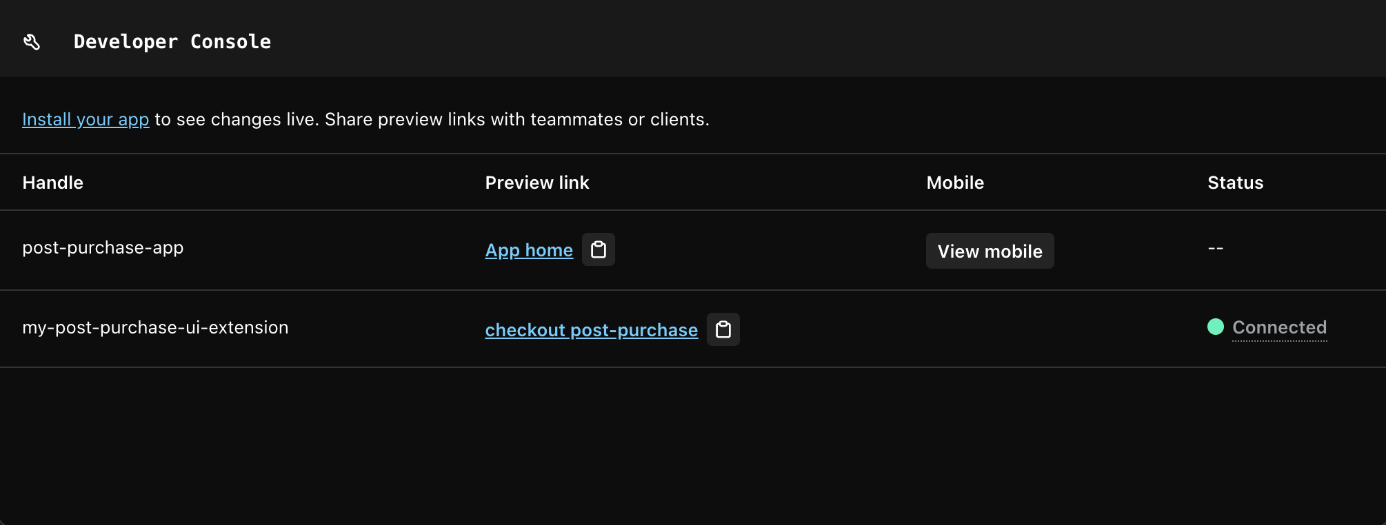 The CLI developer console, where you can copy the post-purchase extension URL