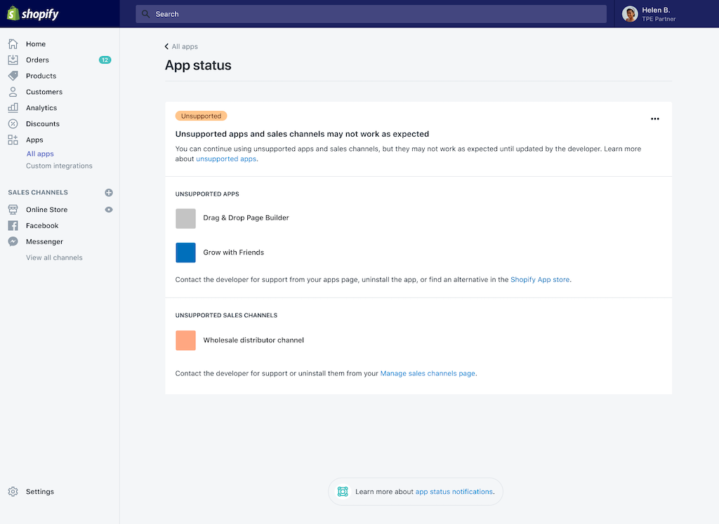 Screenshot of user warnings with unsupported apps installed